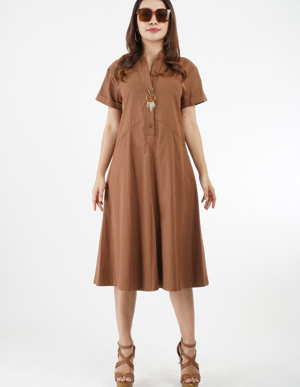 5757D - Women's Double cuff Short Sleeves A Line Midi Dress