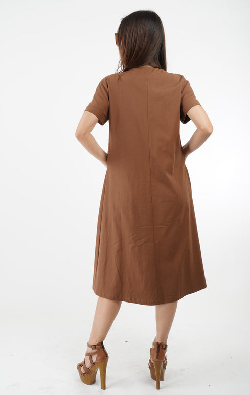 5757D - Women's Double cuff Short Sleeves A Line Midi Dress