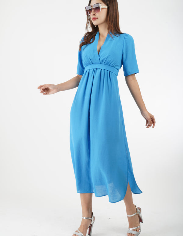 5882D - Wrap V Neck Short Sleeves Pleated Empire Waist Dress