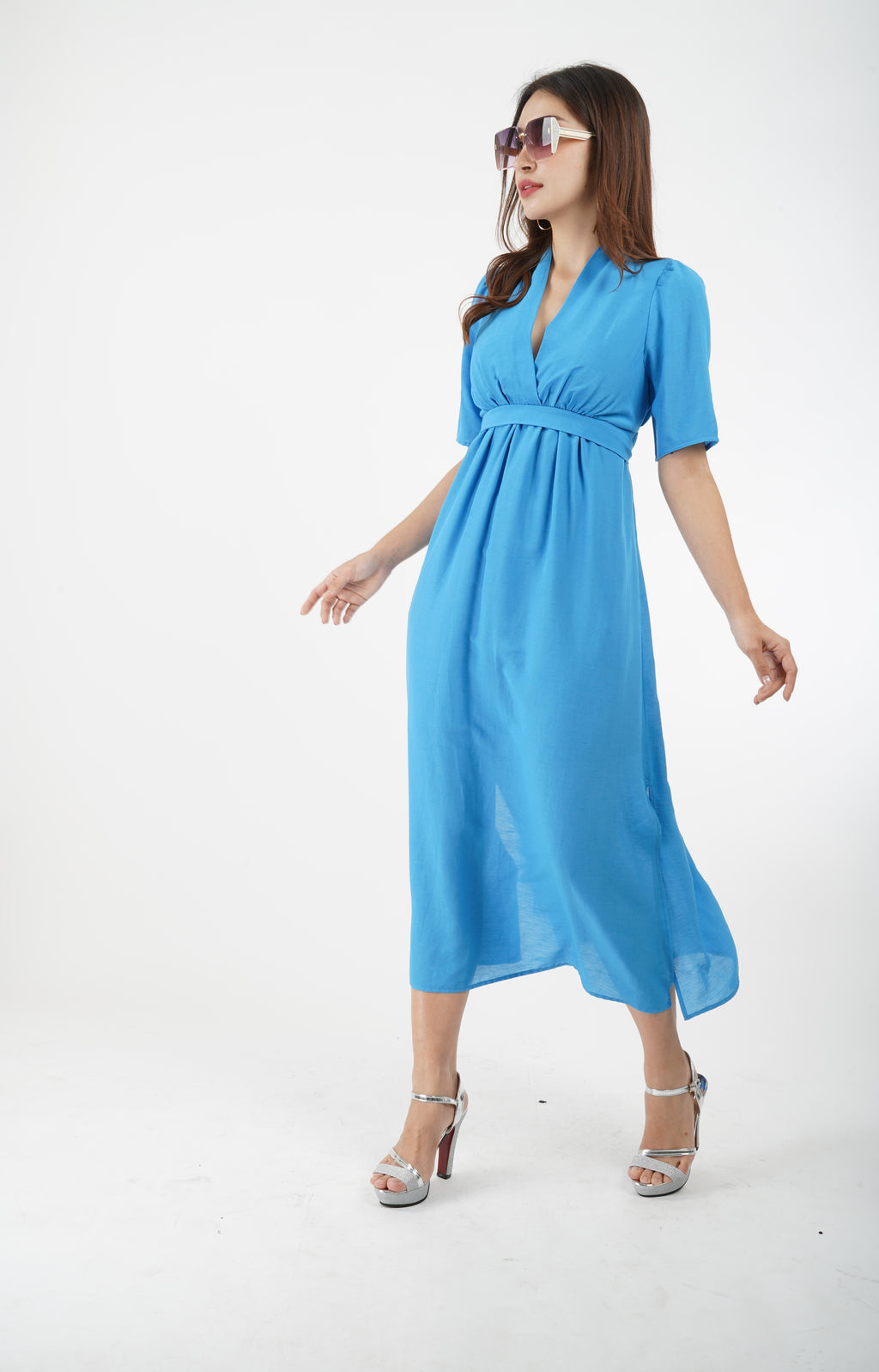 5882D - Wrap V Neck Short Sleeves Pleated Empire Waist Dress