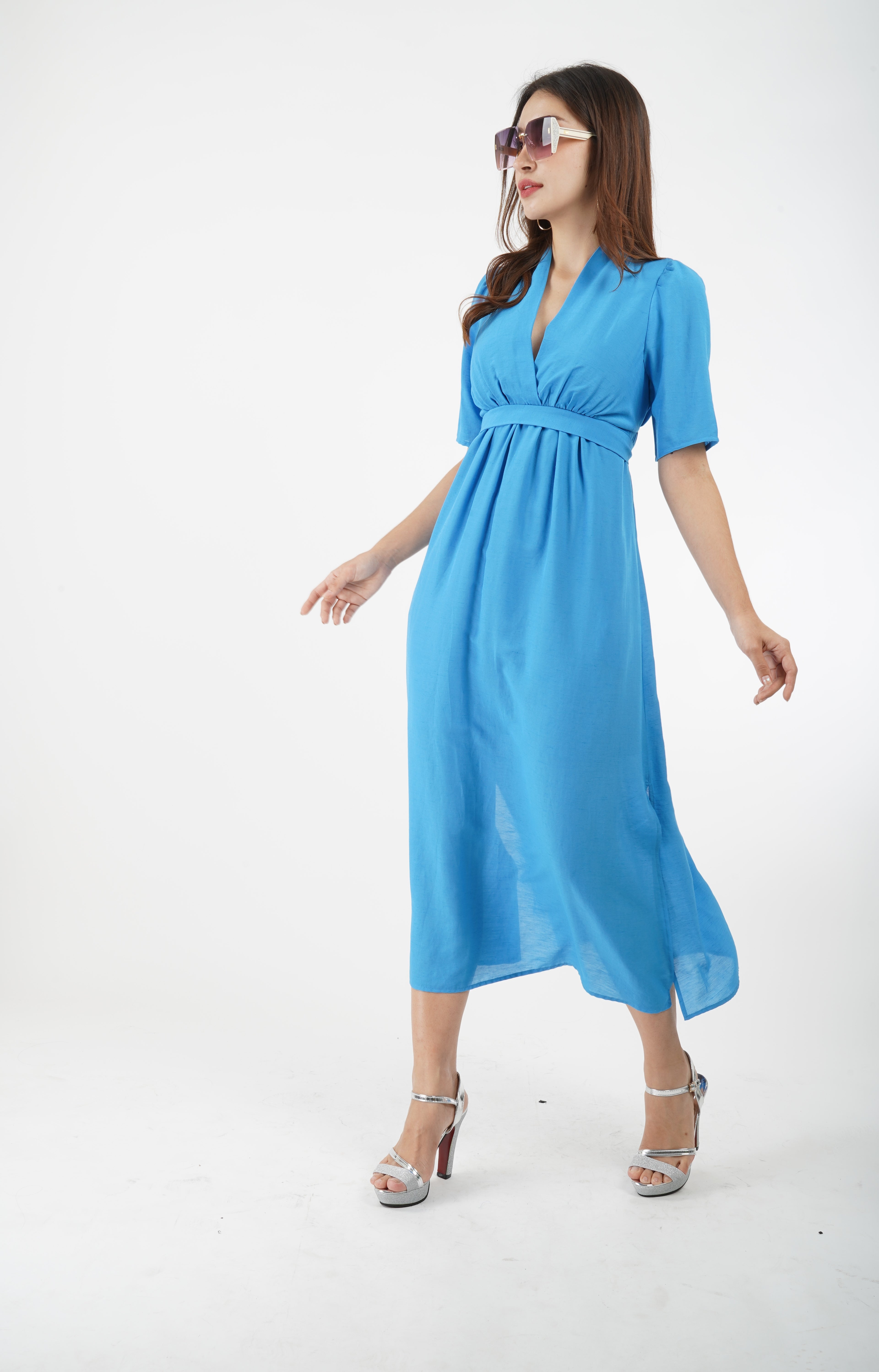 5882D - Wrap V Neck Short Sleeves Pleated Empire Waist Dress