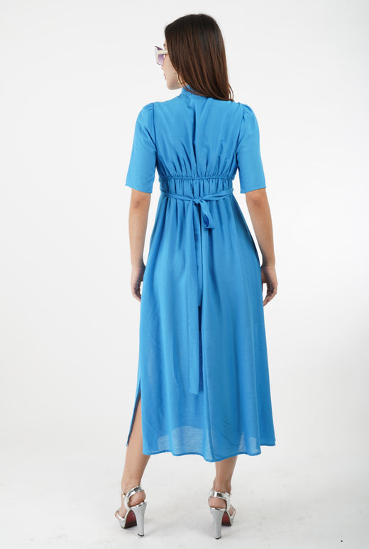 5882D - Wrap V Neck Short Sleeves Pleated Empire Waist Dress