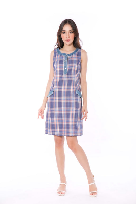 5041D Sport Mini Dress In Blue Tartan Accent With Wash Denim