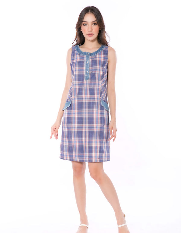 5041D Sport Mini Dress In Blue Tartan Accent With Wash Denim