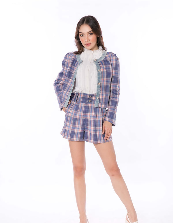 5042J Blue Tartan Cardigan With Denim trim