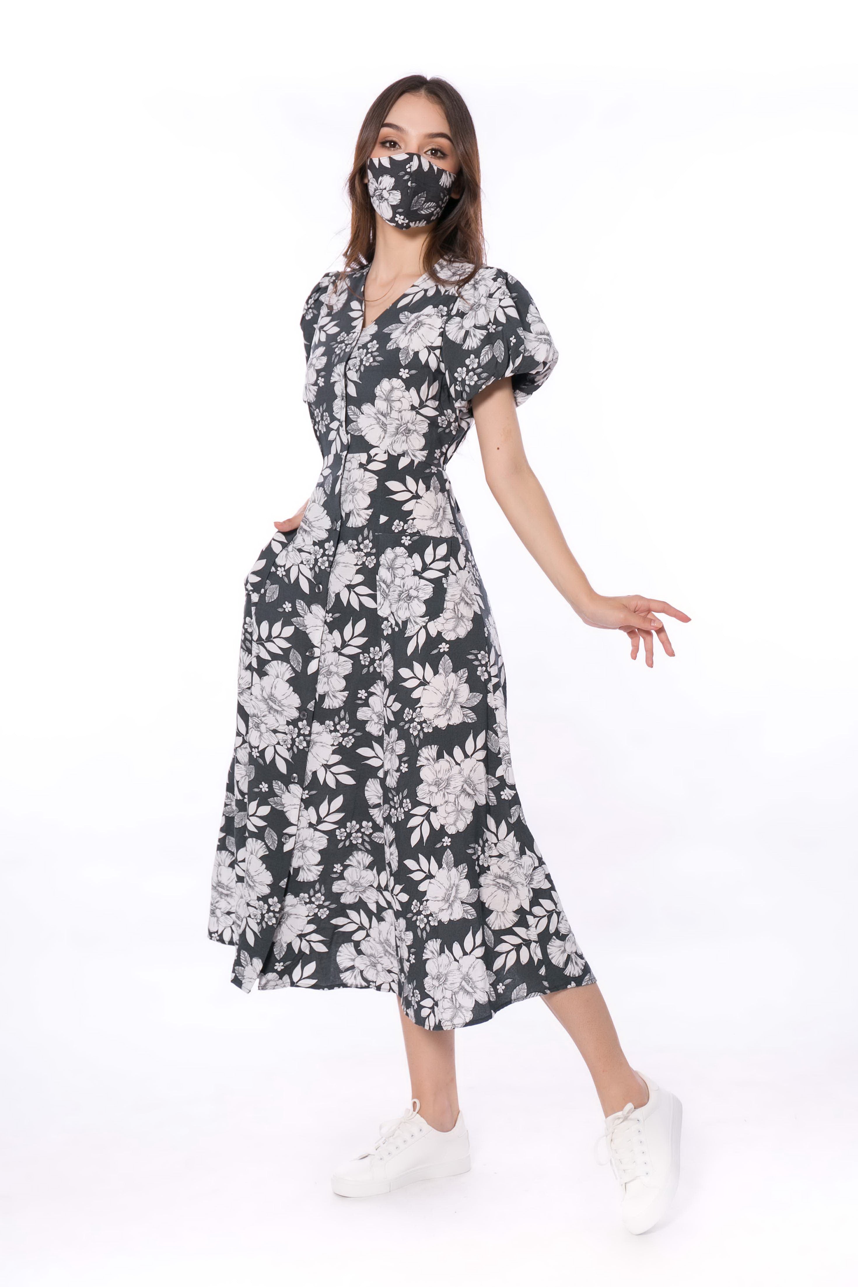5051D V-Neck Puffed Sleeve  Dress FREE Premium Mask