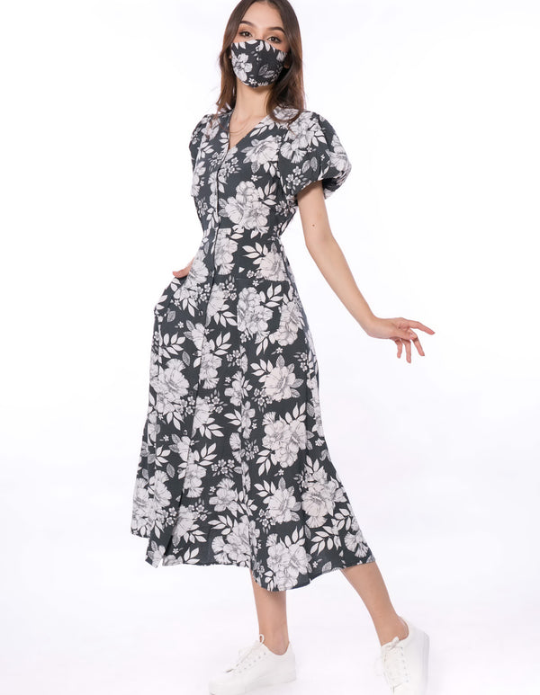 5051D V-Neck Puffed Sleeve  Dress FREE Premium Mask