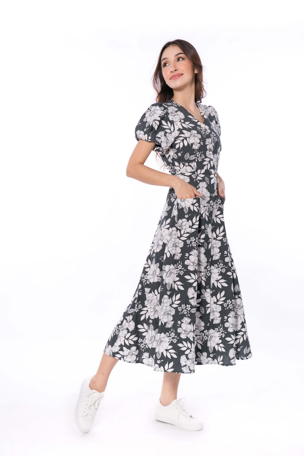 5051D V-Neck Puffed Sleeve  Dress FREE Premium Mask