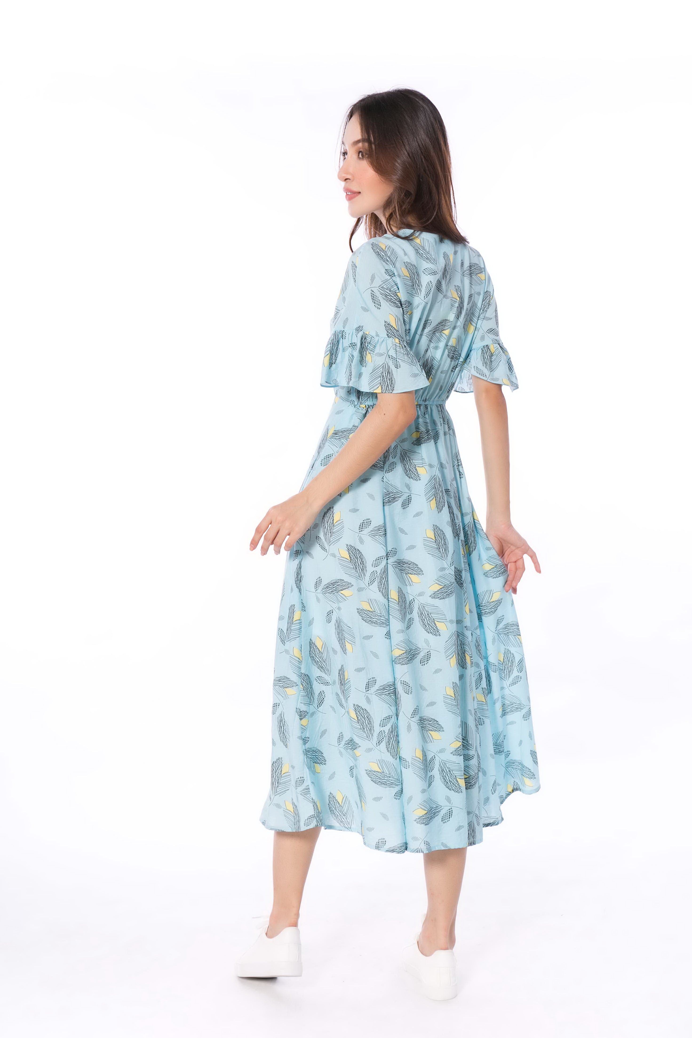 5055D V-Neck Button Down Dress Leaves Printed