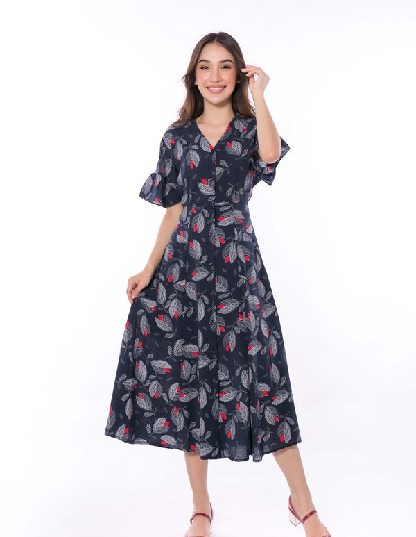 5055D V-Neck Button Down Dress Leaves Printed