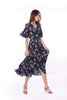 5055D V-Neck Button Down Dress Leaves Printed