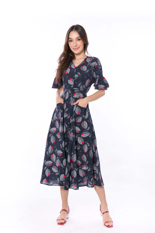 5055D V-Neck Button Down Dress Leaves Printed