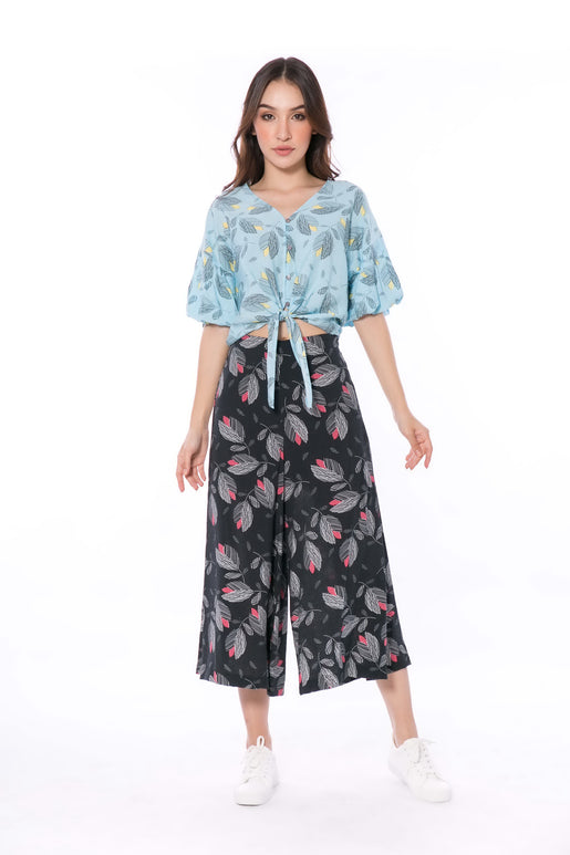 5056B Leaves Printed V-Neck Ruffed Sleeve Bow Tie At Waist