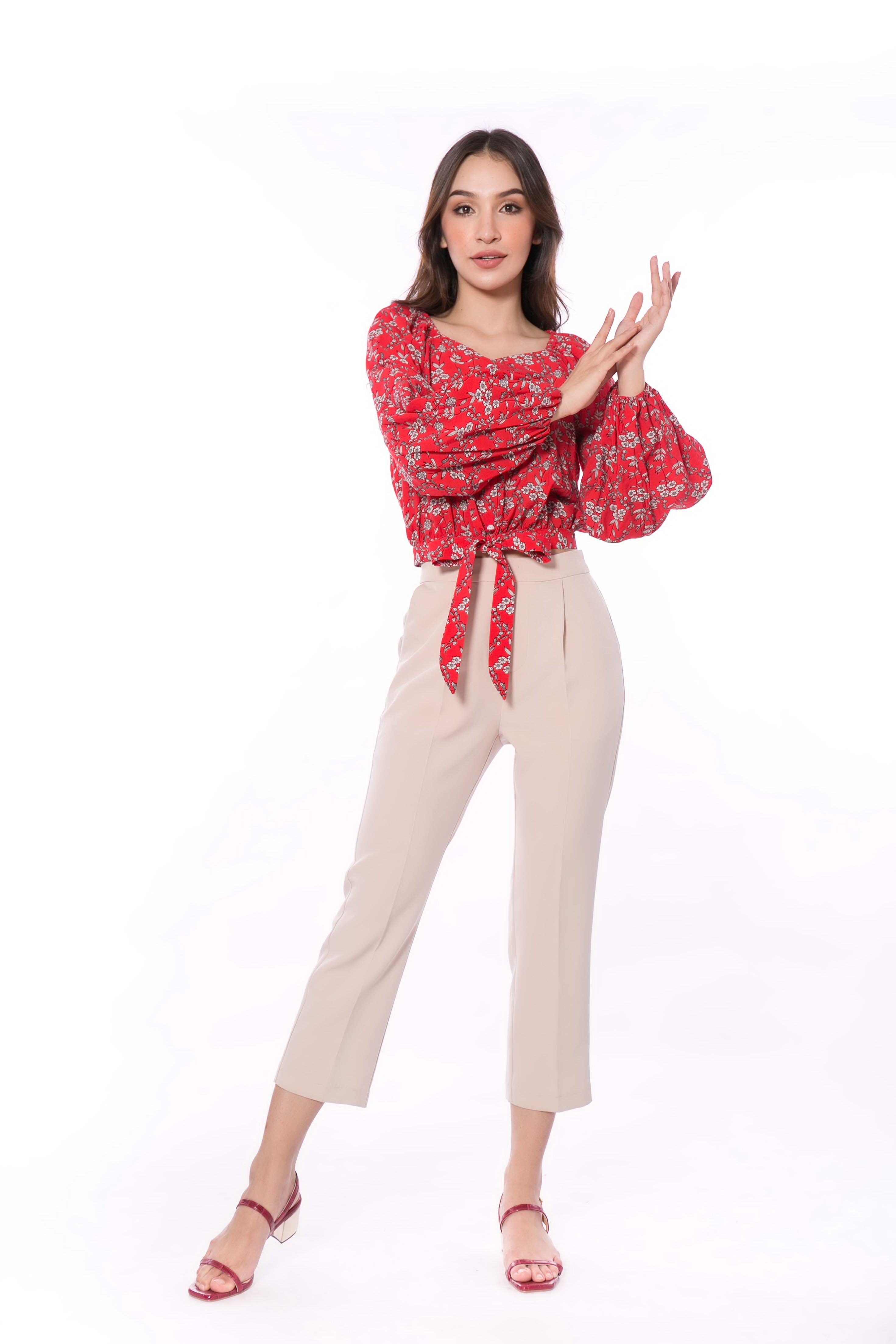 5060B Floral Printed Square Neck Bow Tie At Waist