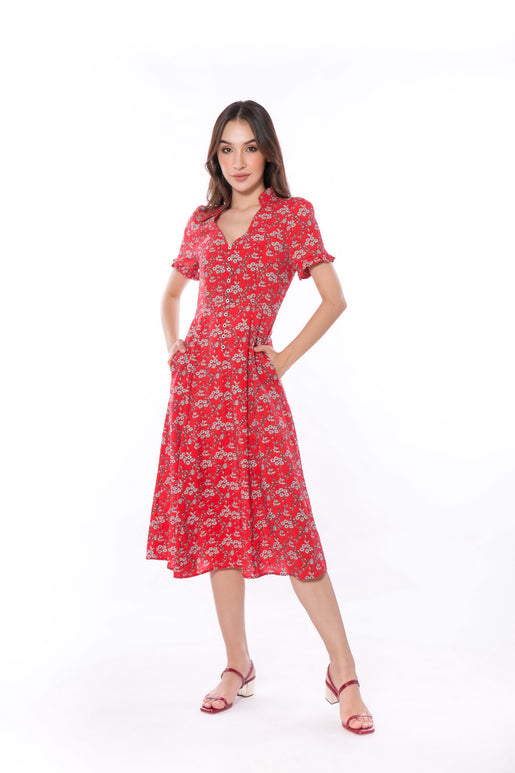 5061D Lady in red, High V-Neck Ruffed Fit & Fare Dress