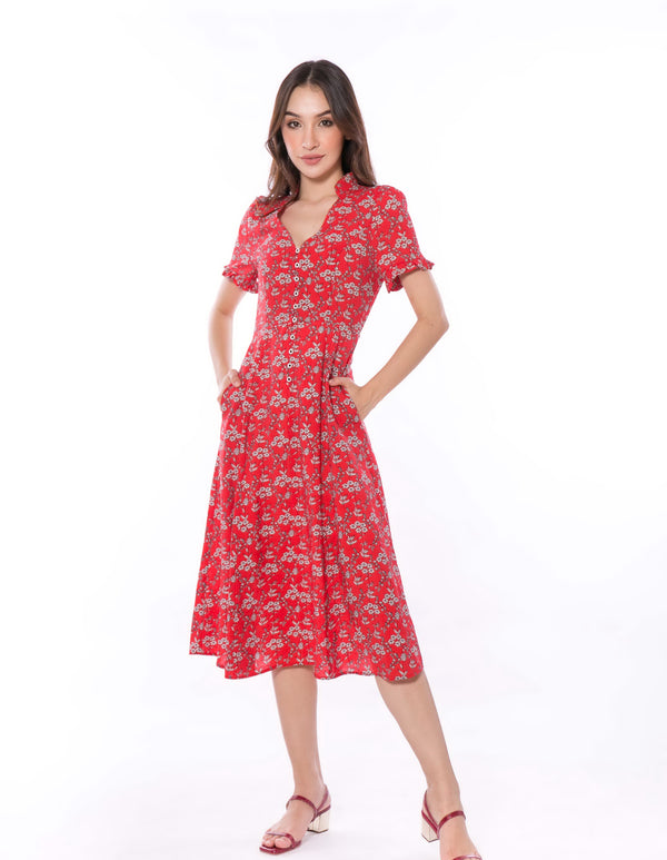 5061D Lady in red, High V-Neck Ruffed Fit & Fare Dress