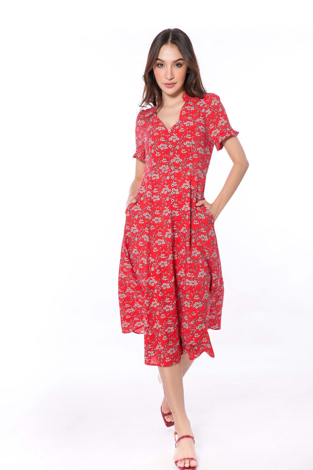 5061D Lady in red, High V-Neck Ruffed Fit & Fare Dress