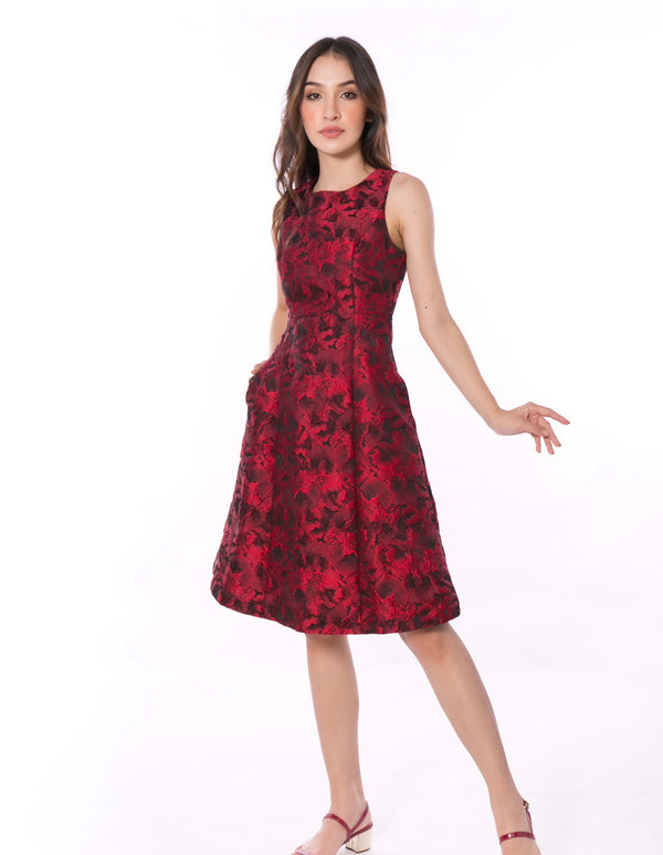 5062D Round Neck Red Rose Jacquard Fit & Fare Dress Sleeveless