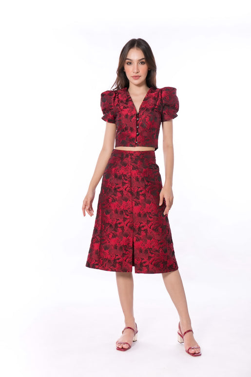 5063B V-Neck Puffed Sleeve Red Rose Jacquard Top