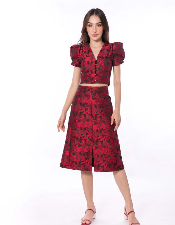 5063B V-Neck Puffed Sleeve Red Rose Jacquard Top