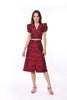 5064K A-Line Midi Skirt Slit At Front Red Rose Jacquard