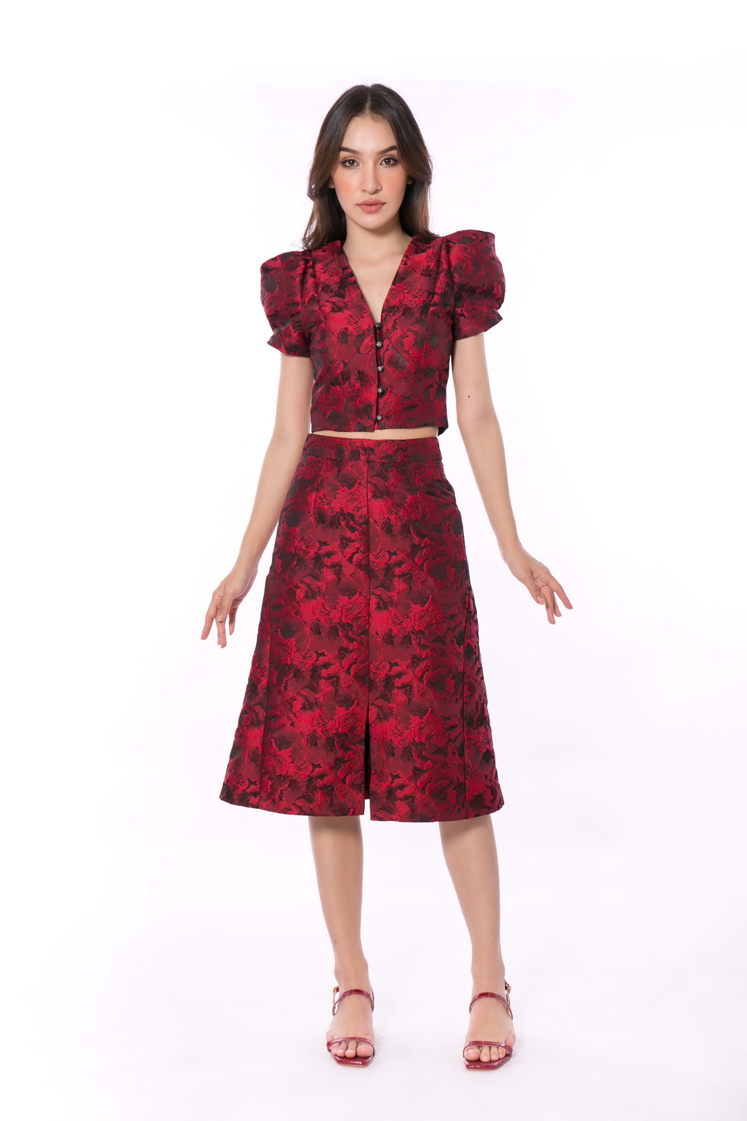 5064K A-Line Midi Skirt Slit At Front Red Rose Jacquard