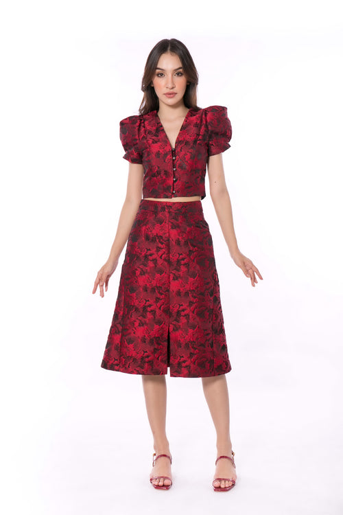 5063B V-Neck Puffed Sleeve Red Rose Jacquard Top