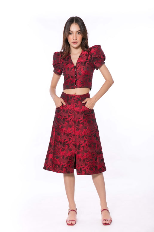 5064K A-Line Midi Skirt Slit At Front Red Rose Jacquard