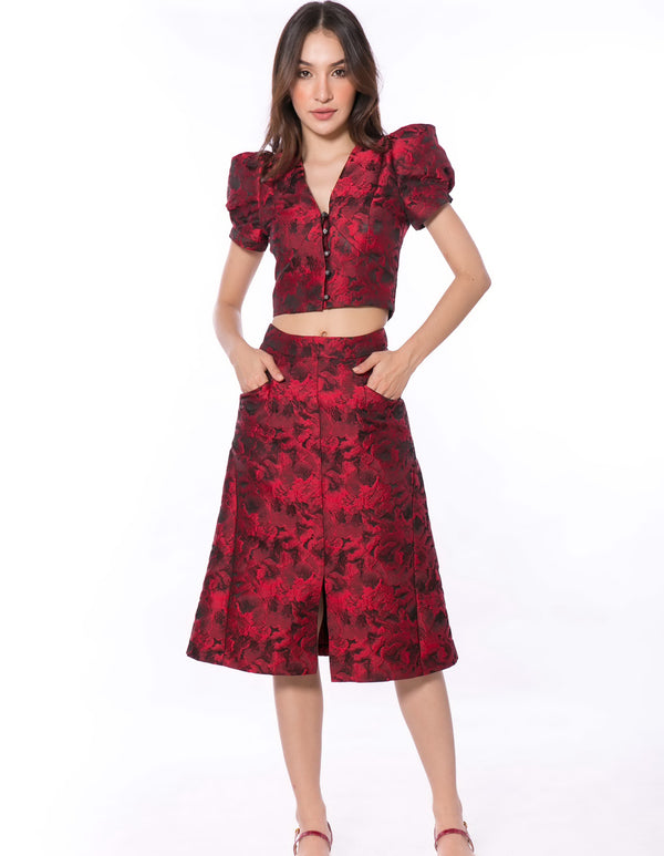 5064K A-Line Midi Skirt Slit At Front Red Rose Jacquard