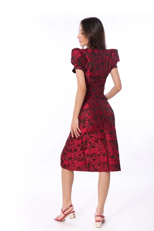 5064K A-Line Midi Skirt Slit At Front Red Rose Jacquard