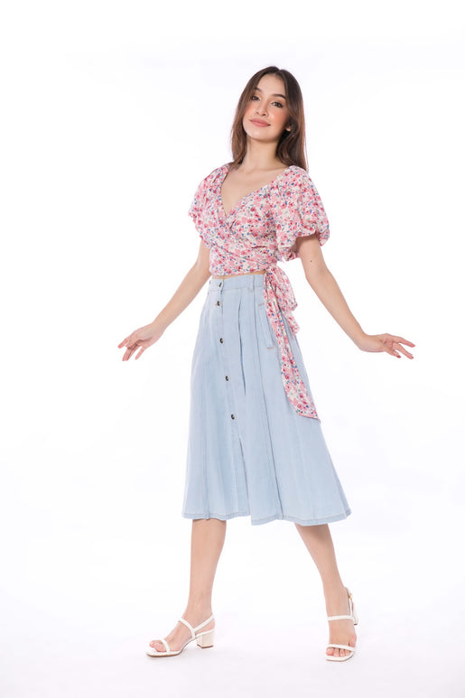 5065B Floral Puffed Sleeve Warp Top