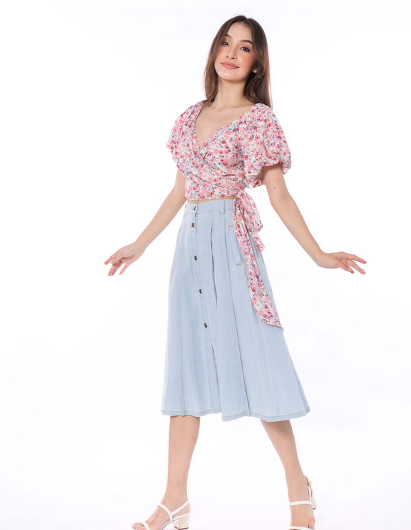 5065B Floral Puffed Sleeve Warp Top