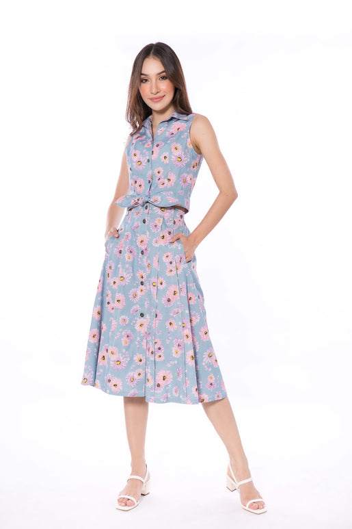 5088K A-line Midi Skirt, Denim With Daisy Pink Printed