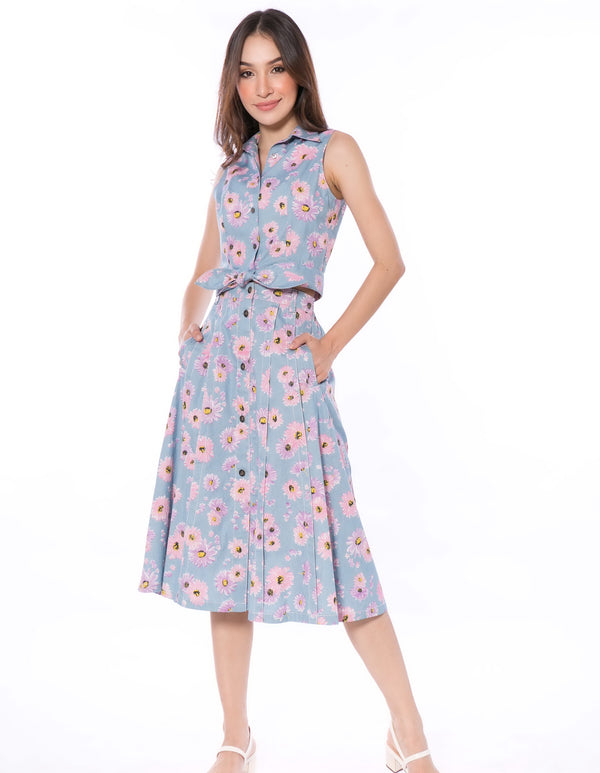 5088K A-line Midi Skirt, Denim With Daisy Pink Printed