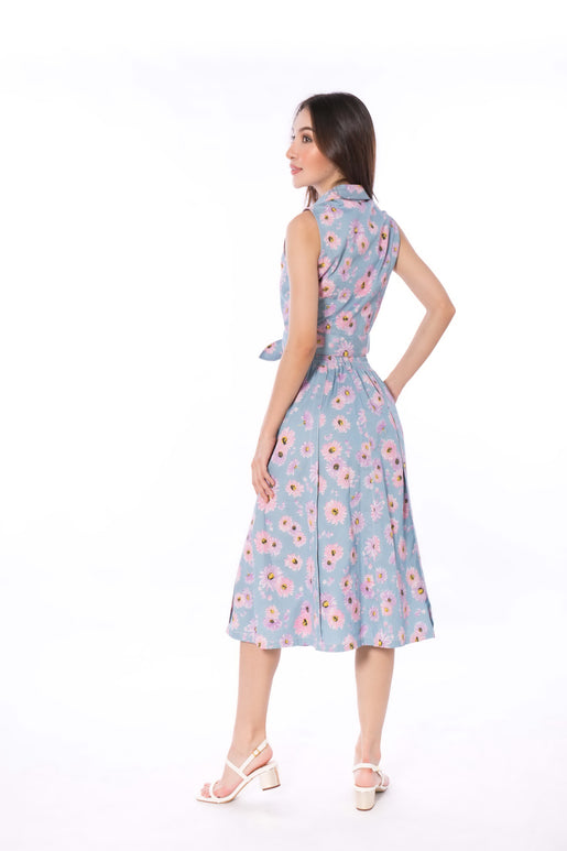 5088K A-line Midi Skirt, Denim With Daisy Pink Printed