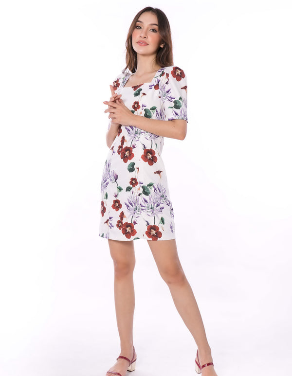 5092D Flower Printed Square Neck Shift Dress