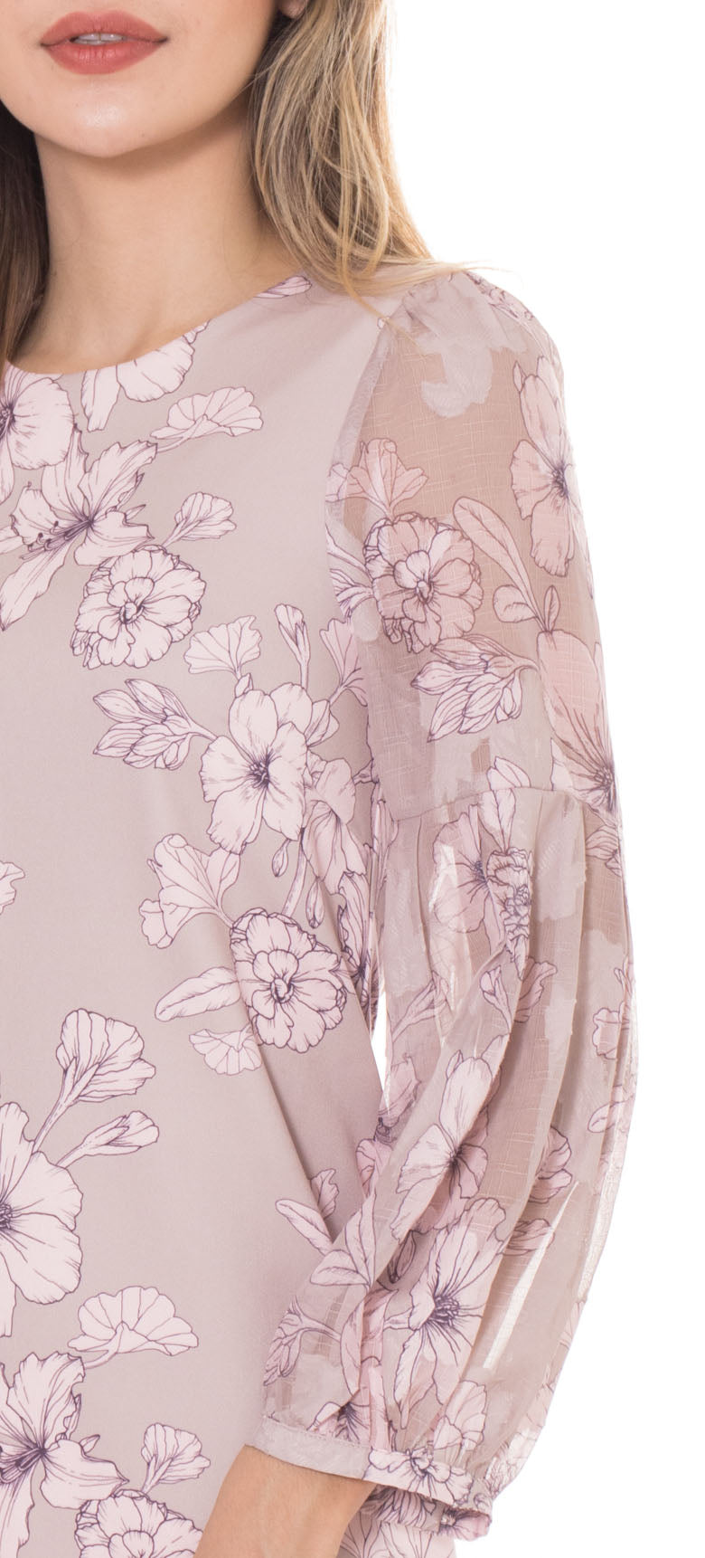 5128D Short Dress 5128D Short Dress Round Neck Puffed Long Sleeves Classic Flower Printed On Rayon Polyester
