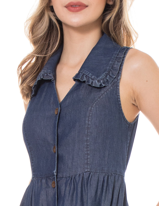 5135D Ruffed Collar V-Neck Button Dawn Cotton Tencel Denim Dress