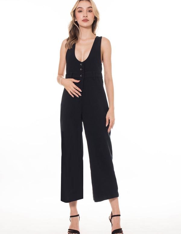 5136P Sleeveless Jumpsuit Wide Scoop Neck Line Half Buttoned   2 Side Pockets