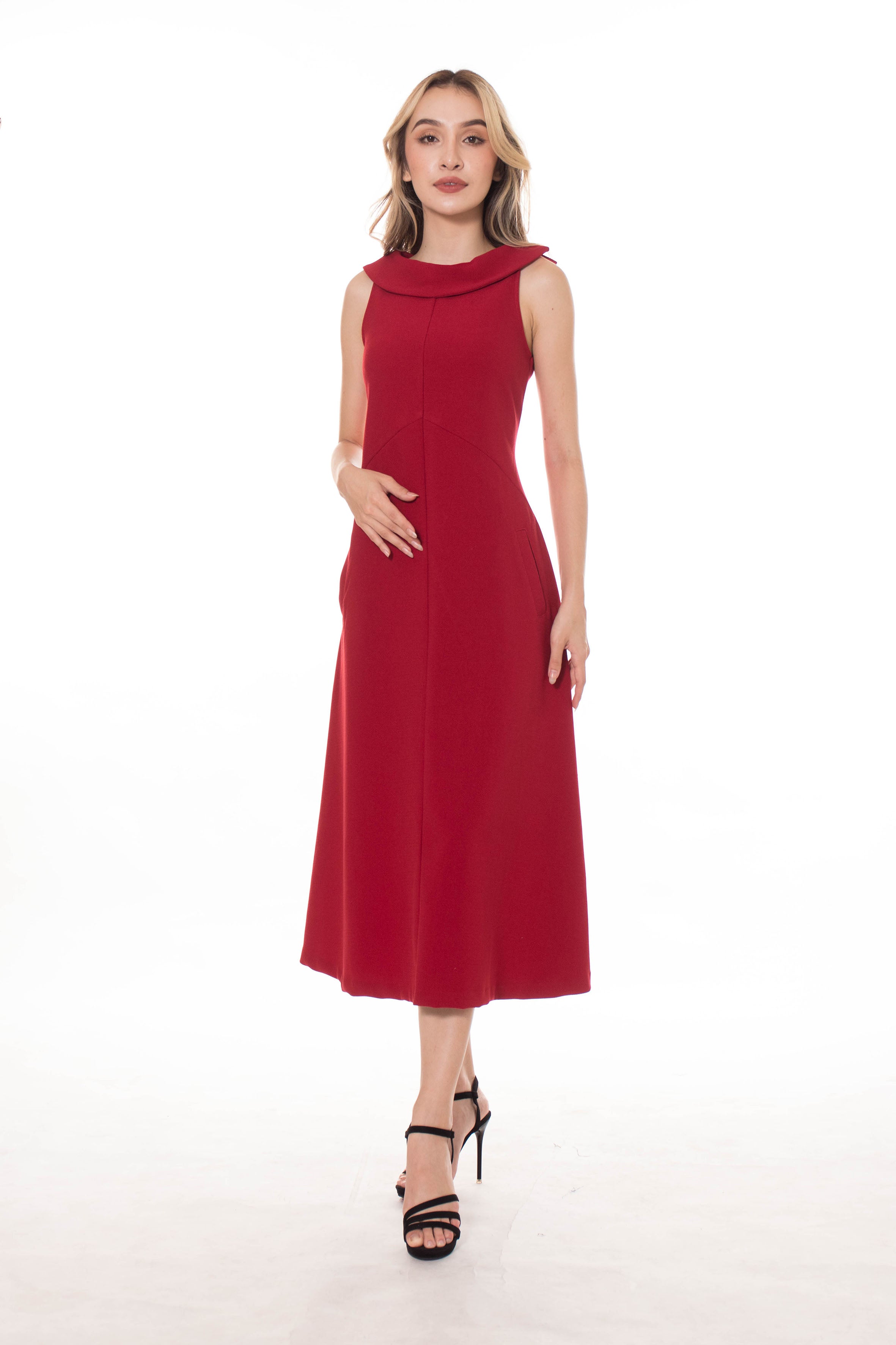 5137D Midi-Dress Wide Minus Collar Sleeveless Fit And Flare Silhouette
