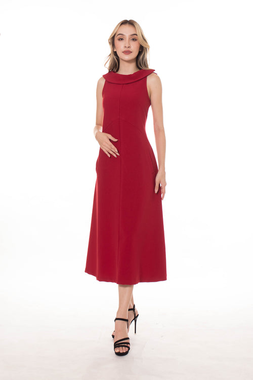 5137D Midi-Dress Wide Minus Collar Sleeveless Fit And Flare Silhouette