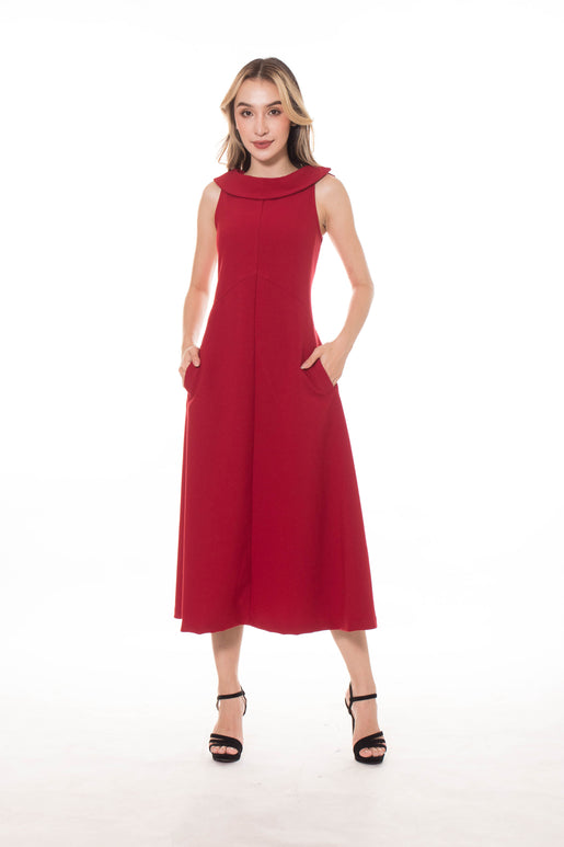 5137D Midi-Dress Wide Minus Collar Sleeveless Fit And Flare Silhouette