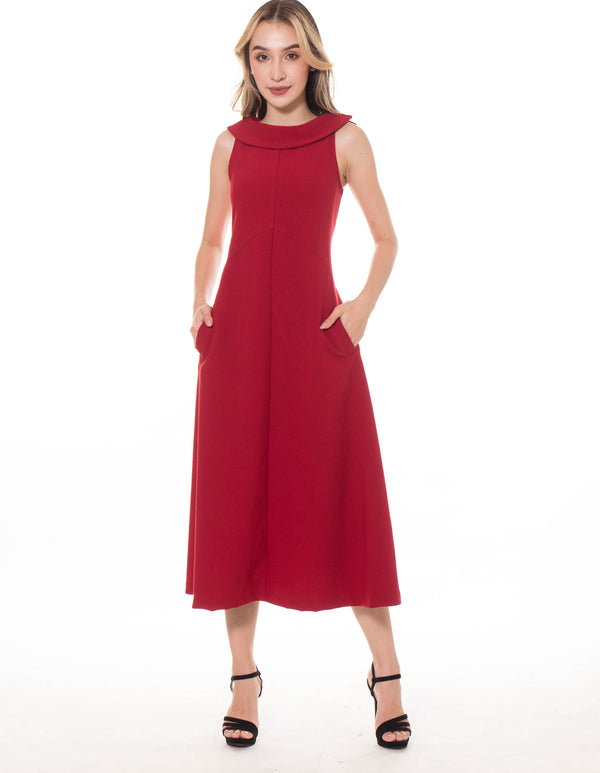 5137D Midi-Dress Wide Minus Collar Sleeveless Fit And Flare Silhouette