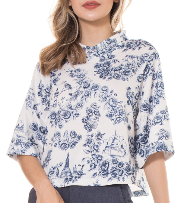 5222B High Collar Blouse With Indigo Rose And Mixx Logo In Soft Baby French terry