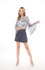 5224B Collar Blouse V-Neck Warp Sheer Bell Sleeve Indigo Rose & Mixx Logo In Soft Satin