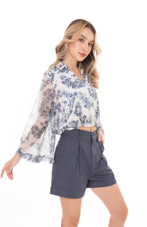 5132P Semi Pleated  Short Denim Blend Double Hem With 2 Side Pocket And Back