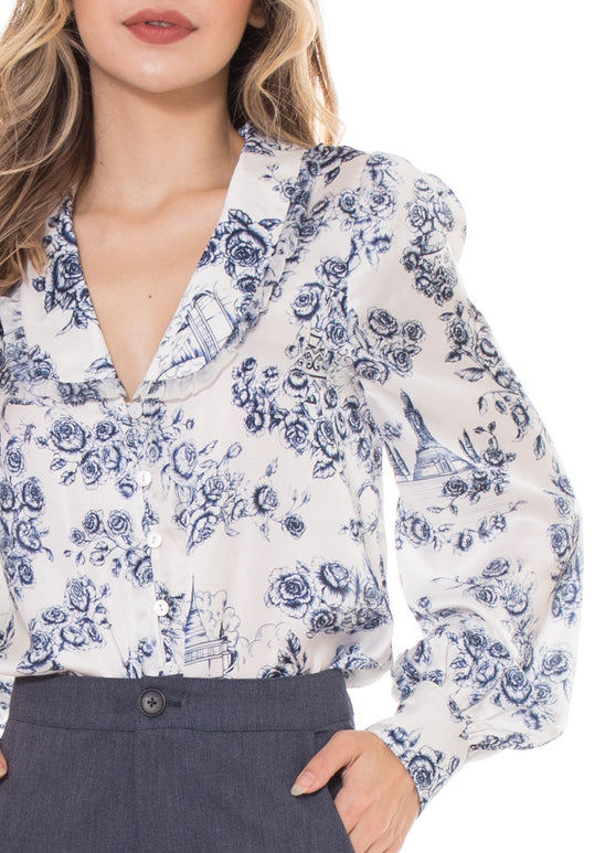 5226B Ruffed Collar Long Sleeve Indigo Rose Mixx Printed In Soft Satin Blouse