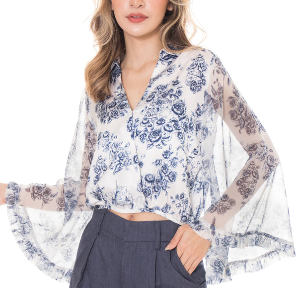 5224B Collar Blouse V-Neck Warp Sheer Bell Sleeve Indigo Rose & Mixx Logo In Soft Satin