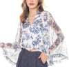 5224B Collar Blouse V-Neck Warp Sheer Bell Sleeve Indigo Rose & Mixx Logo In Soft Satin