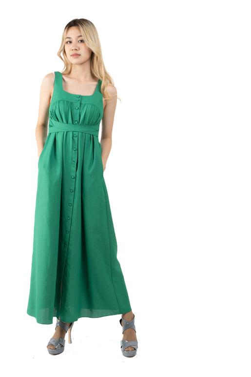 5305D Long green dress, no sleeves, button front and waist tie at the back.